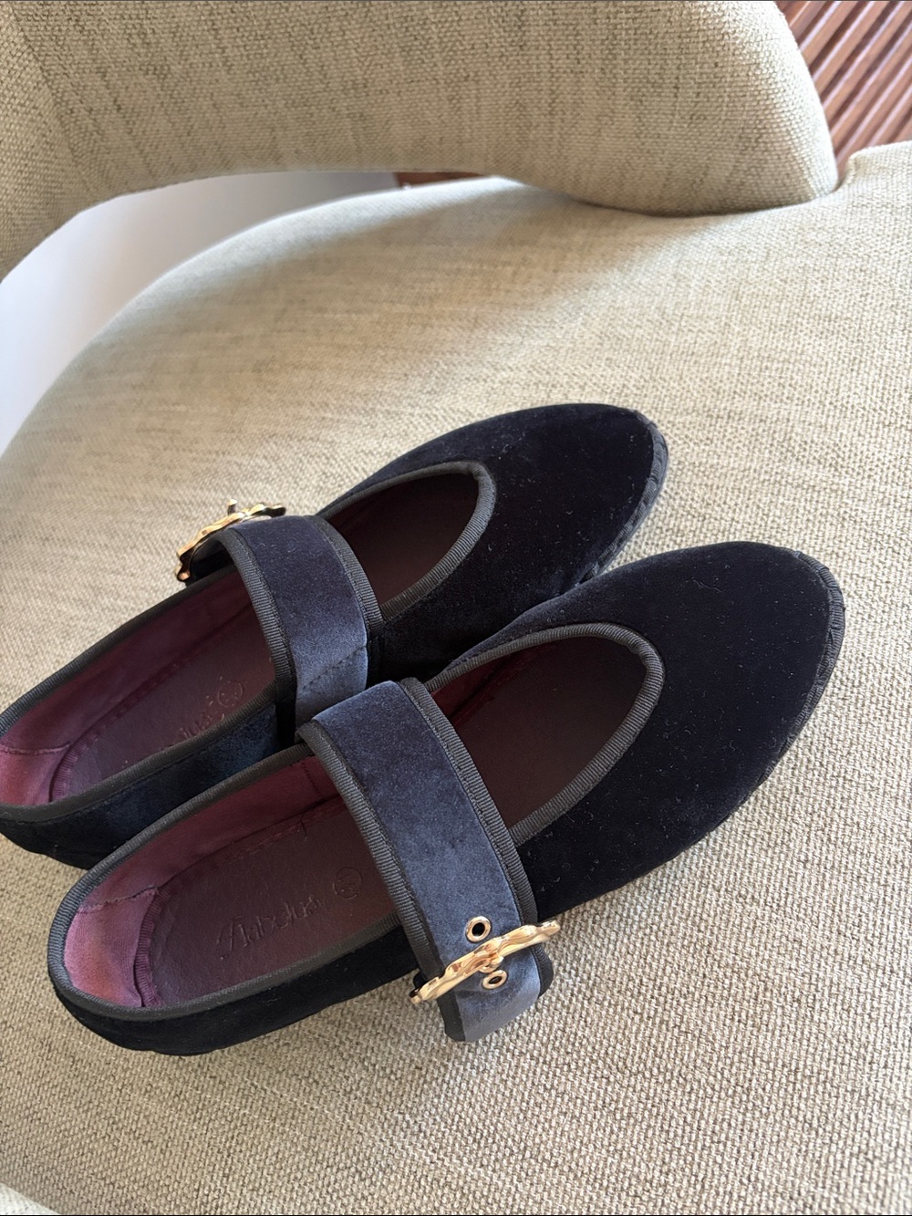 Black Velvet Mary Jane Flats with Gold Buckle
